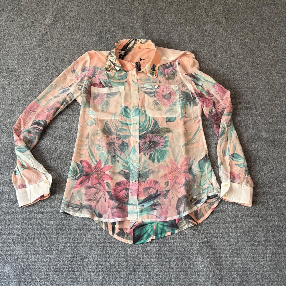 Guess Los Angeles Tropical Floral Sheer Button Down Blouse Embellished Collar S